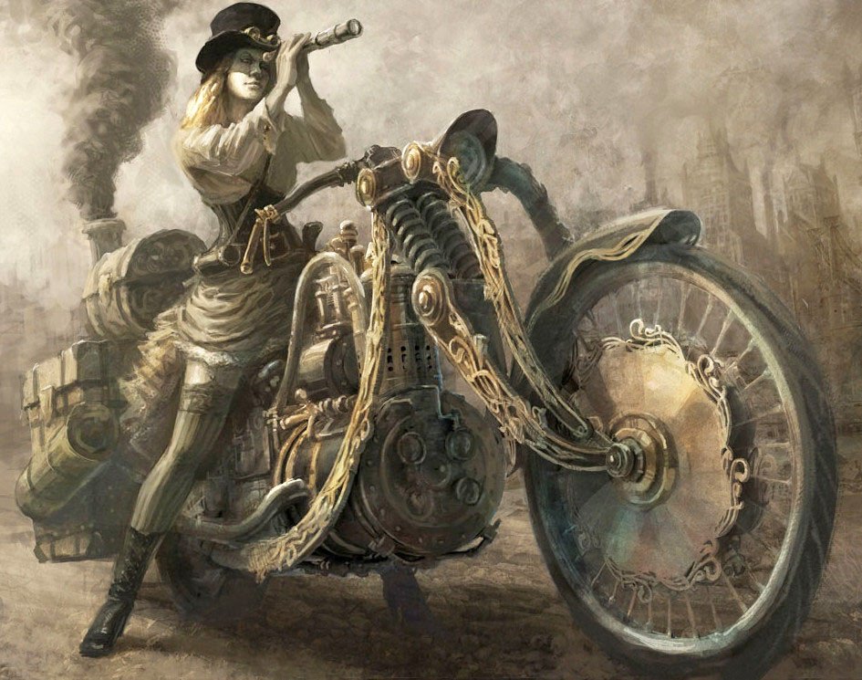 Ant motociklo. Steampunk 2-ST